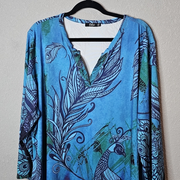 Lily by Firmiana Dress Tunic Top Womens Plus 4XL Blue Peacock Vibrant Blue Bird - Picture 2 of 12